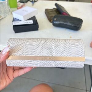 Jimmy Choo Light Beige Snakeskin-Texture Clutch with Gold Trim